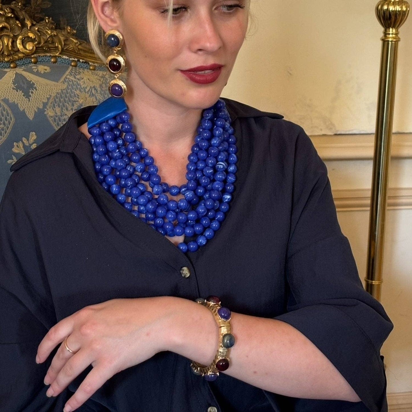 Bracelet Elastique - Doré Antique, Lapis-Lazuli & Pierres Bordeaux