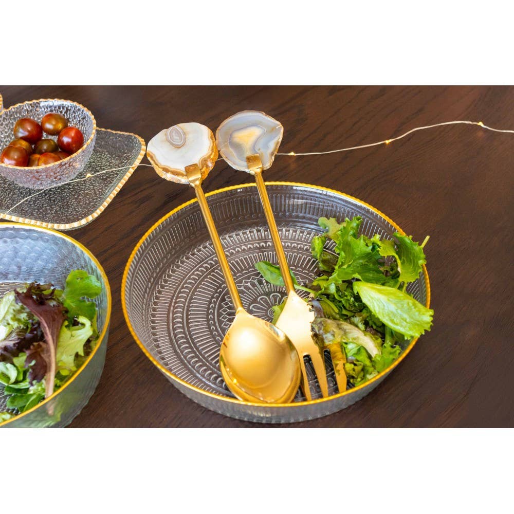 Couverts à salade en agate beige et finition dorée