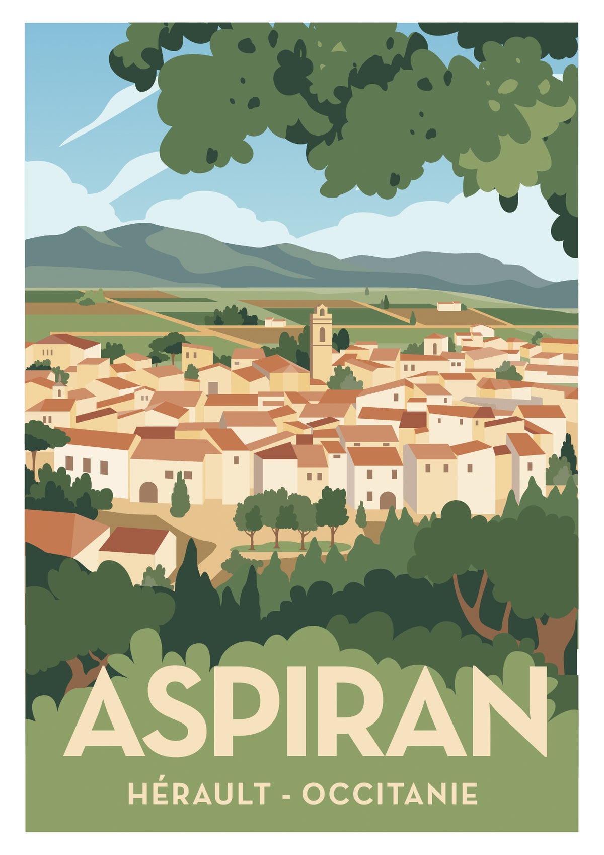 Affiche illustrée d'Aspiran — Hérault, Occitanie (illustration Floriane Voisin)