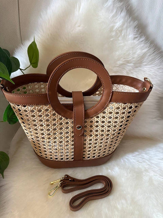 Sac en paille de Vienne et cuir de veau véritable, Made in Italy