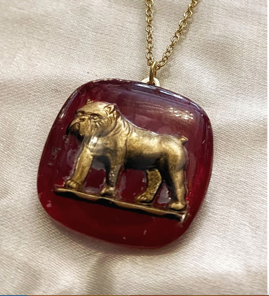 Collier Pendentif Intaille Bulldog — Verre Vintage Années 50