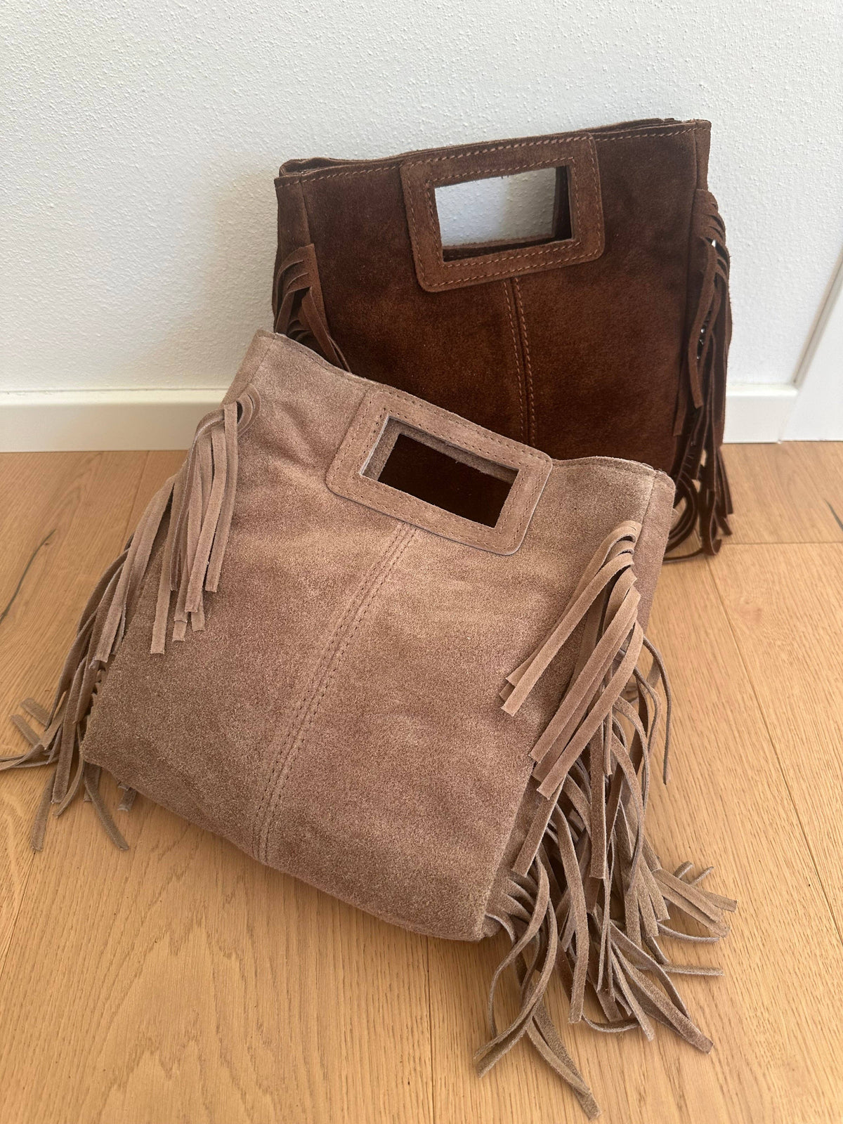 Sac en daim à franges en cuir véritable, Made in Italy