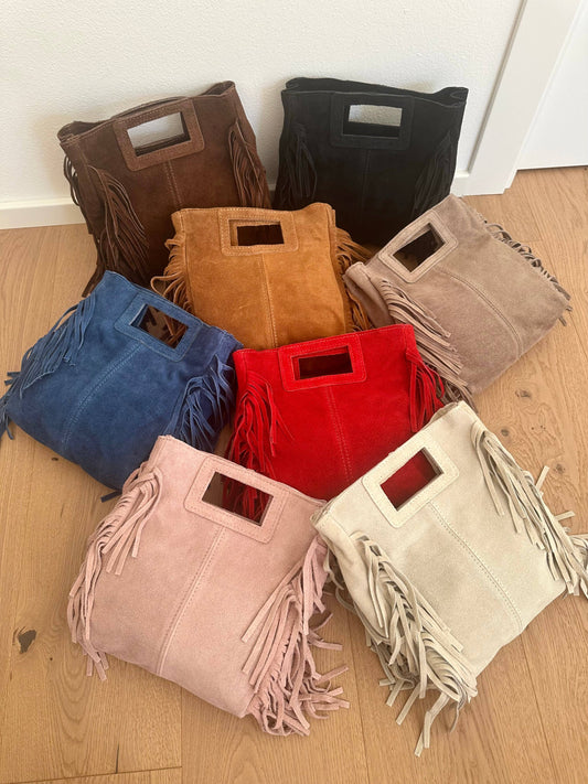 Sac en daim à franges en cuir véritable, Made in Italy