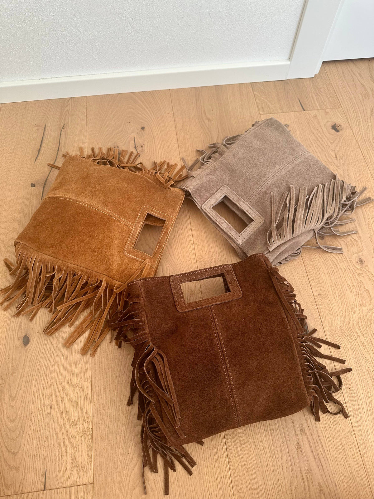 Sac en daim à franges en cuir véritable, Made in Italy