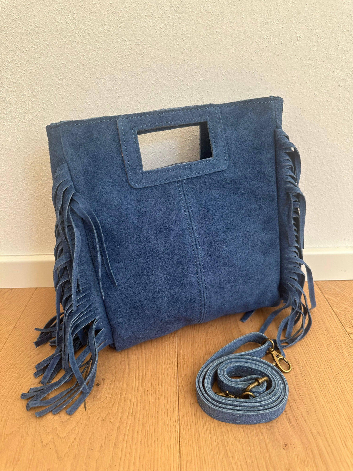 Sac en daim à franges en cuir véritable, Made in Italy