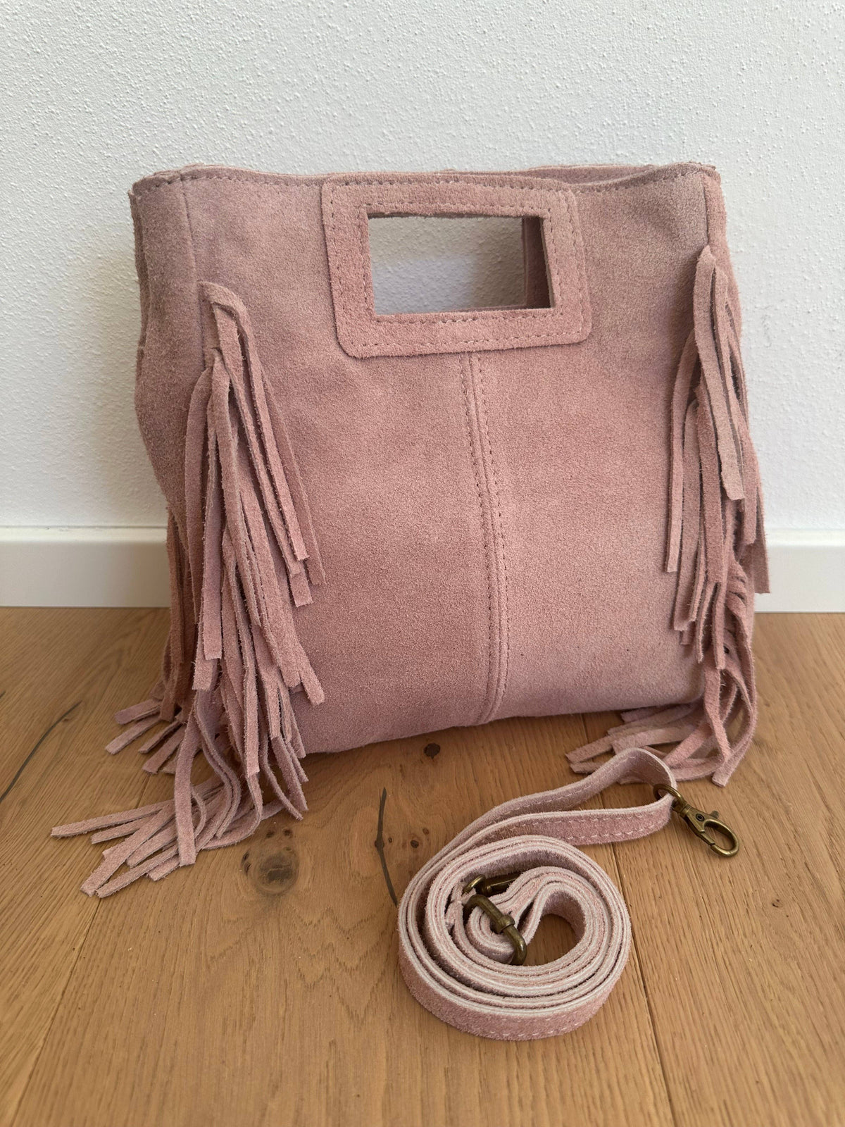 Sac en daim à franges en cuir véritable, Made in Italy