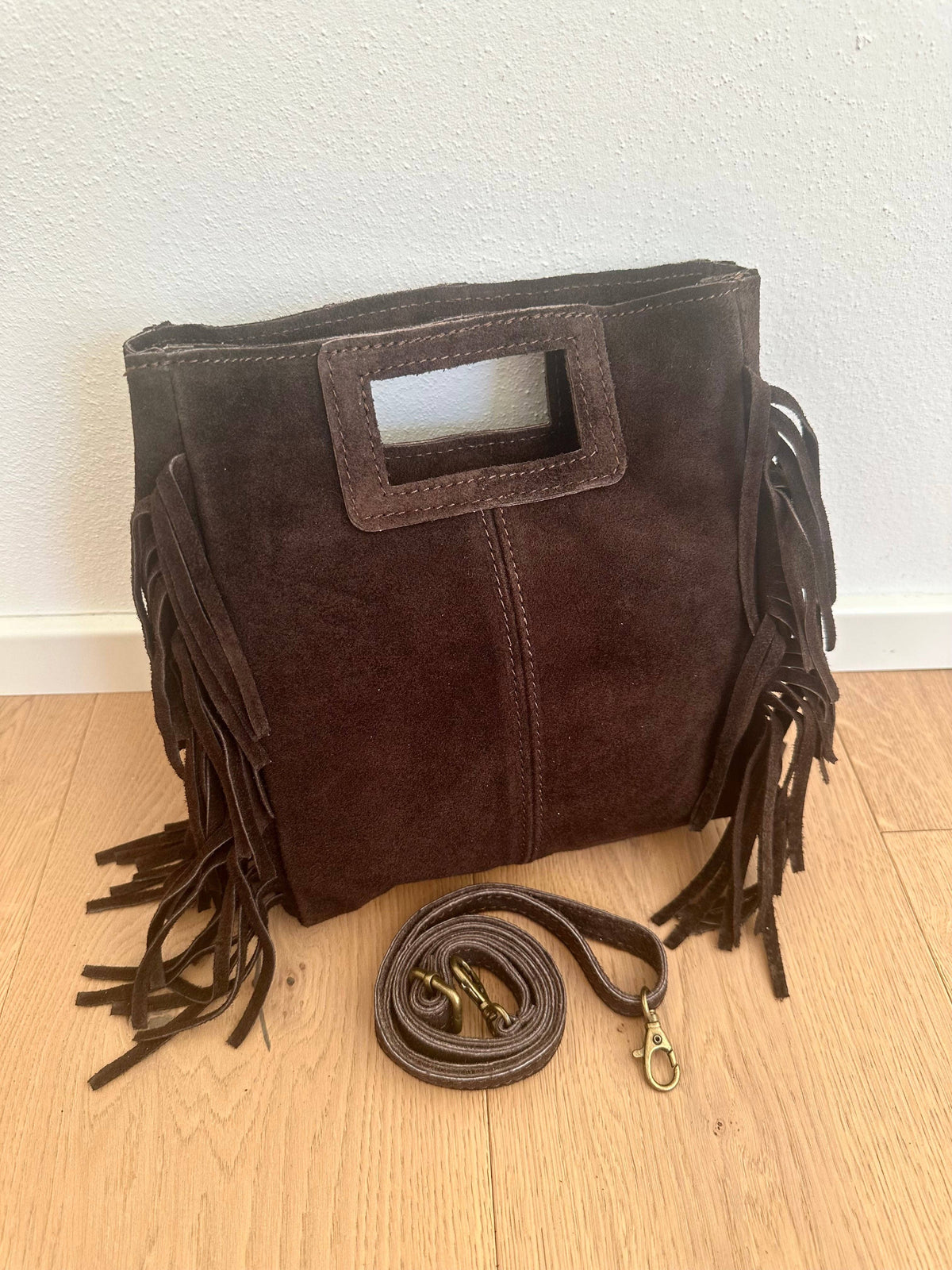 Sac en daim à franges en cuir véritable, Made in Italy