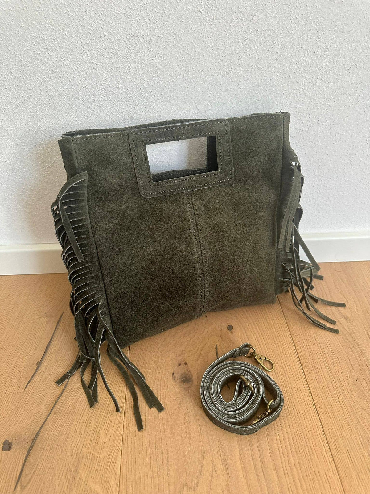 Sac en daim à franges en cuir véritable, Made in Italy