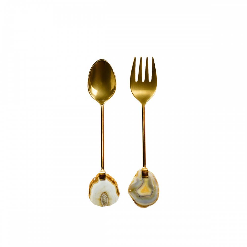 Couverts à salade en agate beige et finition dorée