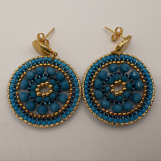 Boucles d’oreilles en tissage bleu et doré avec perles Miyuki