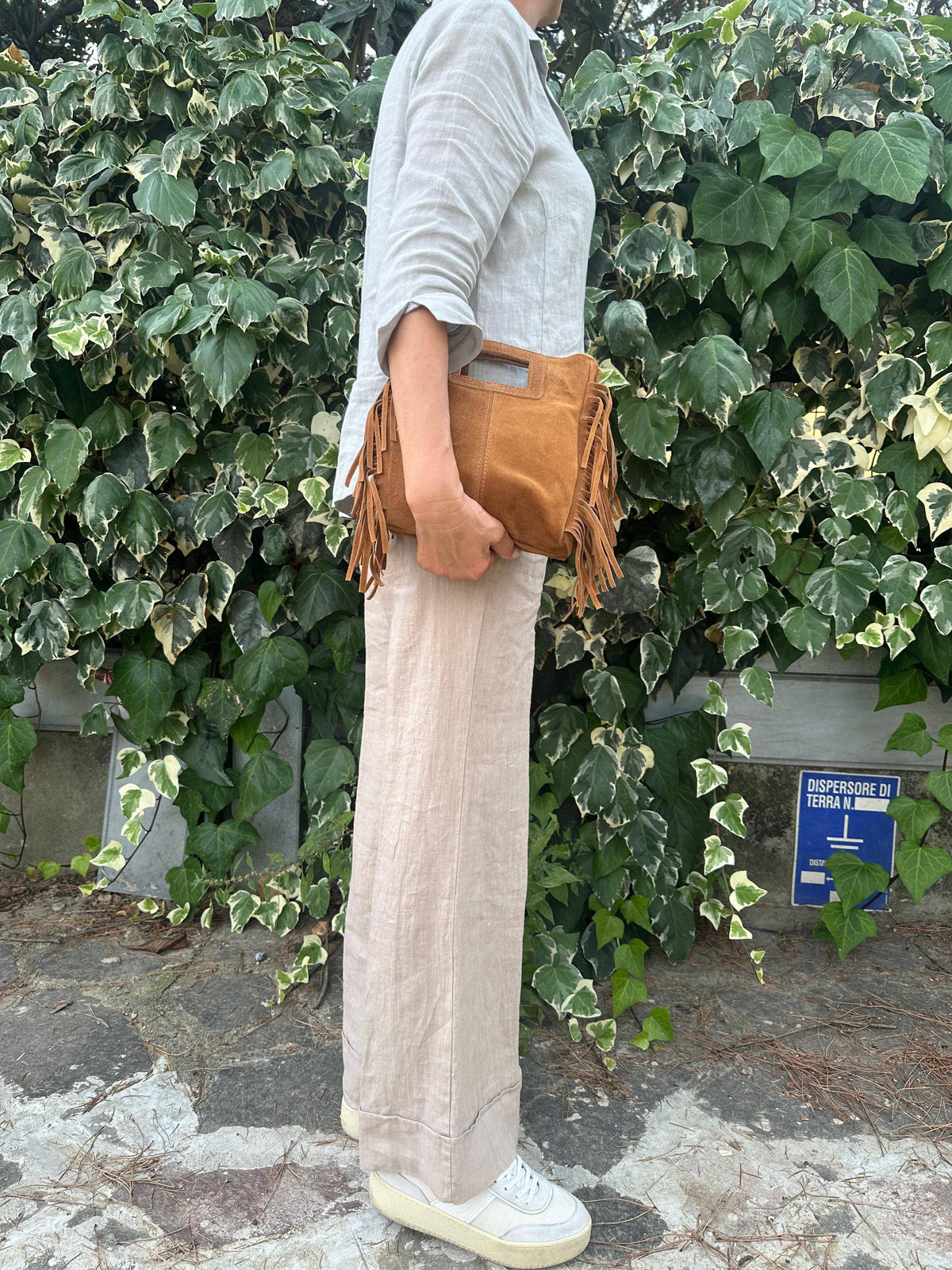 Sac en daim à franges en cuir véritable, Made in Italy
