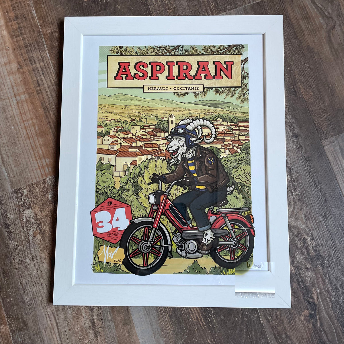 Affiche Aspiran avec bélier sur mobylette A3, encadrée — illustration Floriane Voisin (Pinkflox)