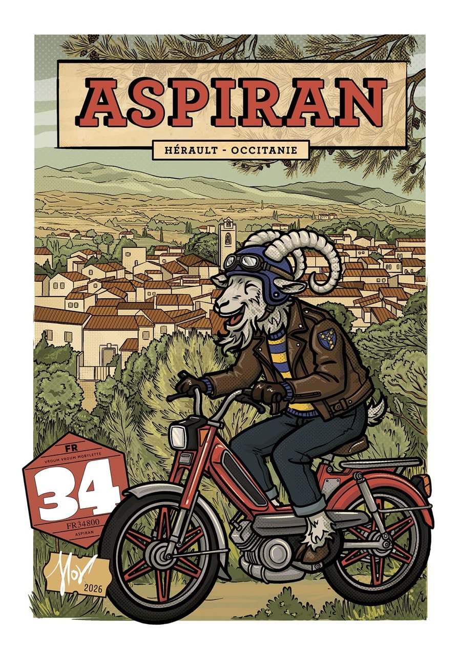 Affiche Aspiran A3 — bélier sur mobylette, illustration Floriane Voisin