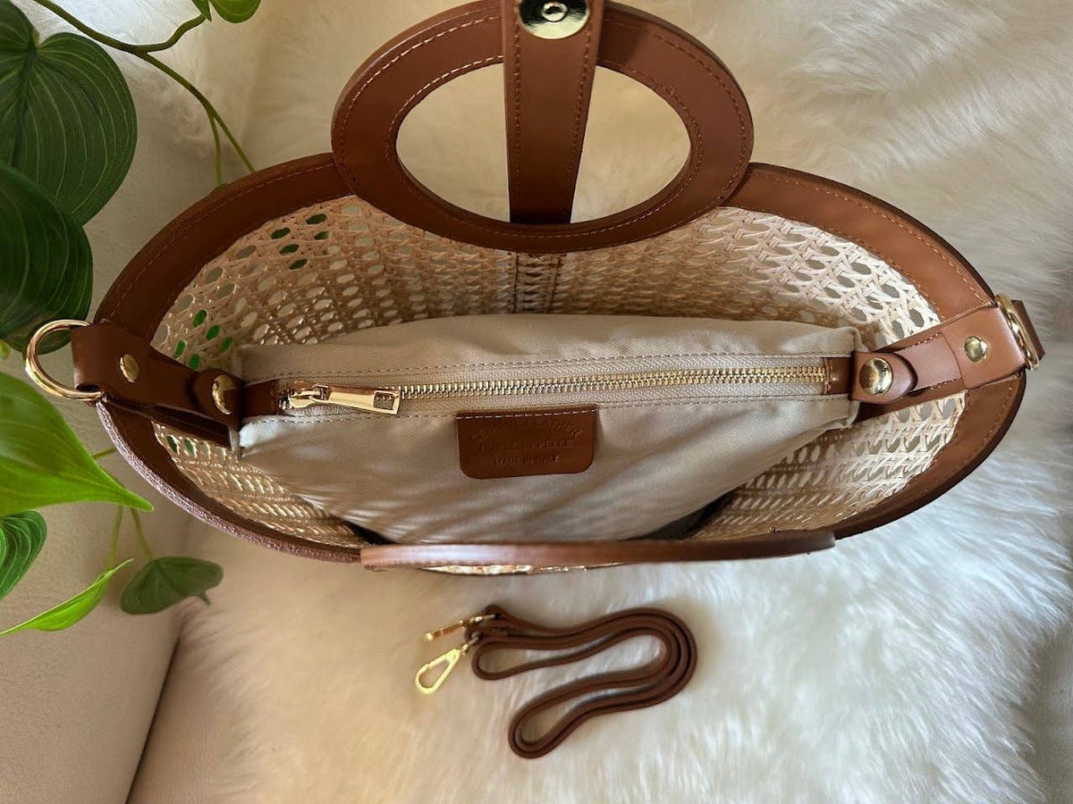 Sac en paille de Vienne et cuir de veau véritable, Made in Italy