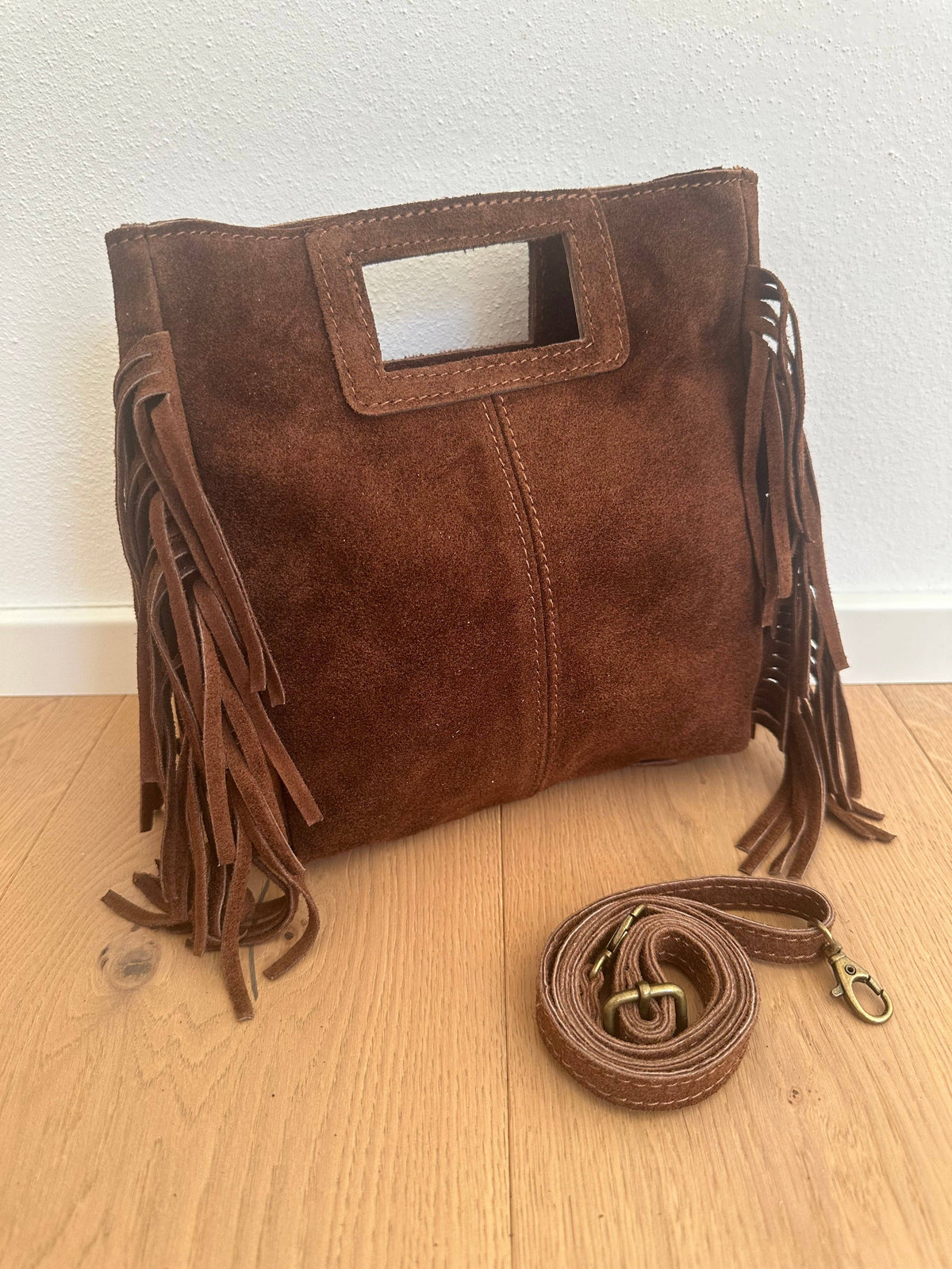 Sac en daim à franges en cuir véritable, Made in Italy