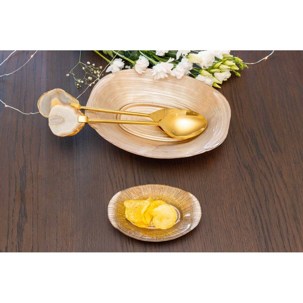 Couverts à salade en agate beige et finition dorée