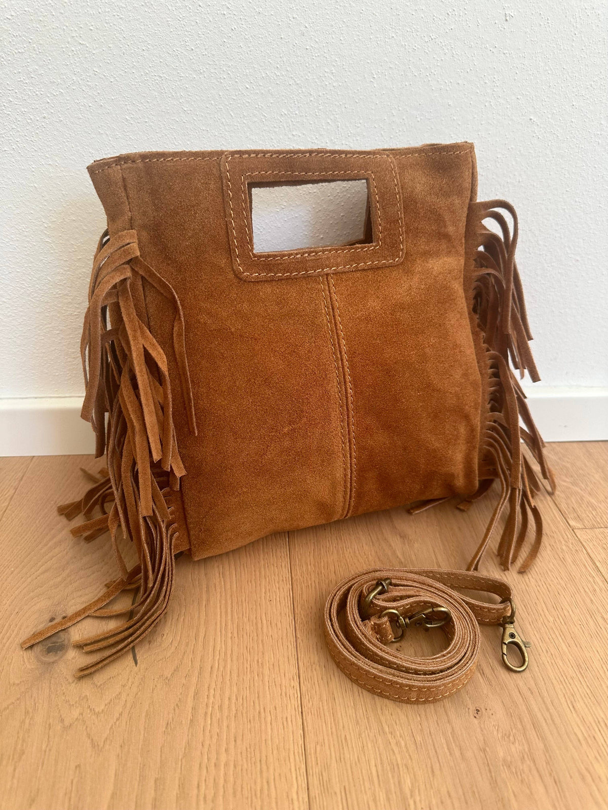 Sac en daim à franges en cuir véritable, Made in Italy