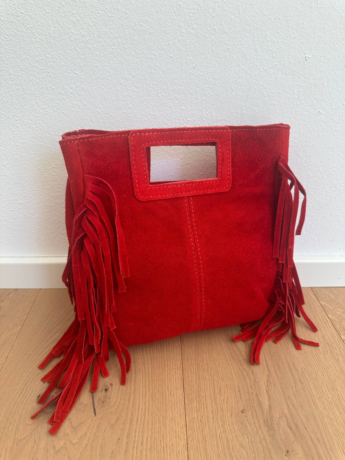 Sac en daim à franges en cuir véritable, Made in Italy