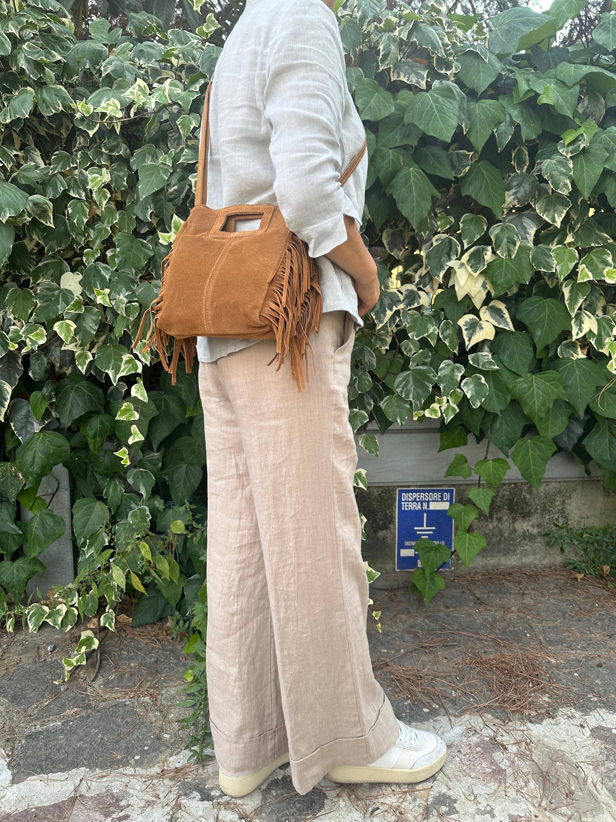 Sac en daim à franges en cuir véritable, Made in Italy